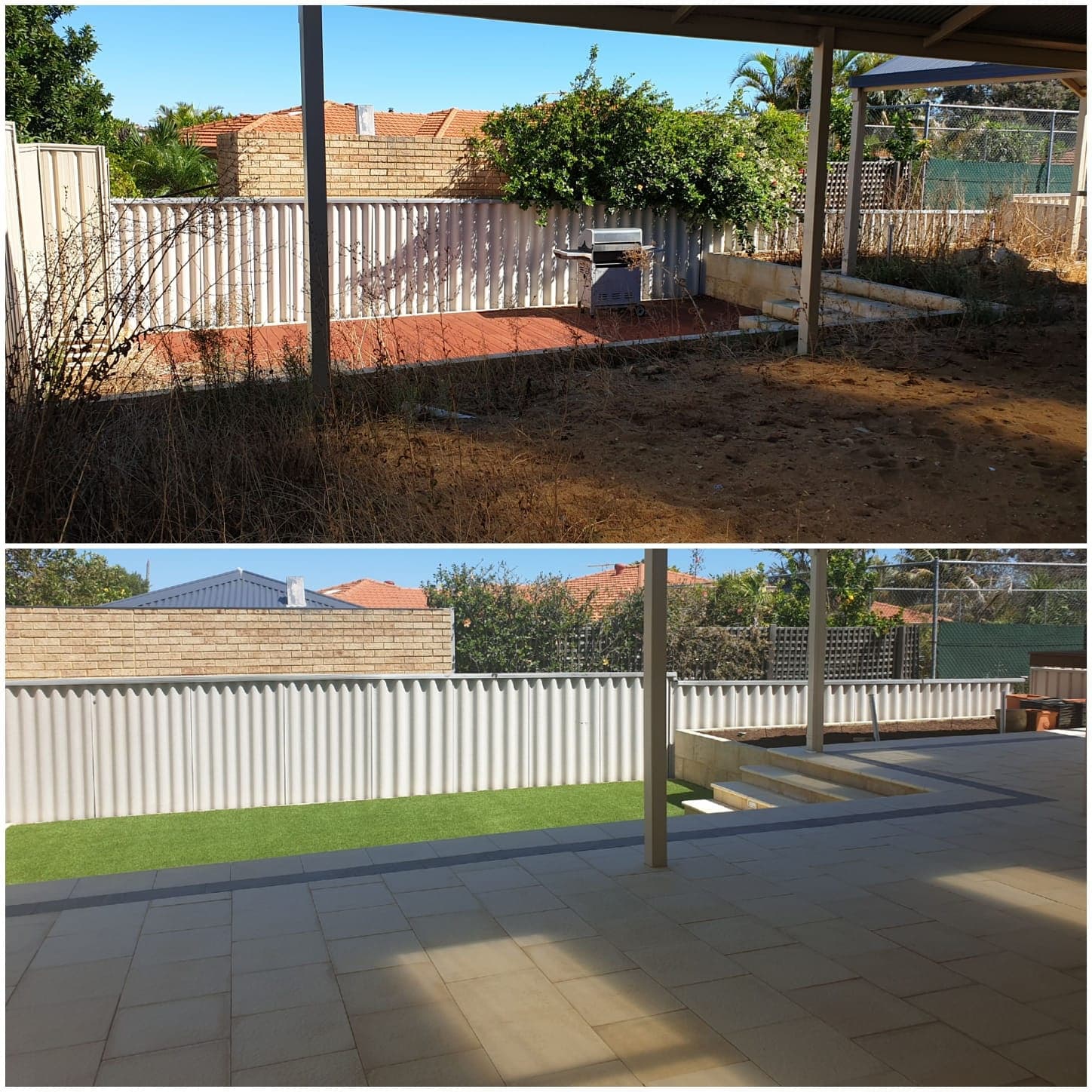 Before and after: overgrown patio yard transformed with turf and paving