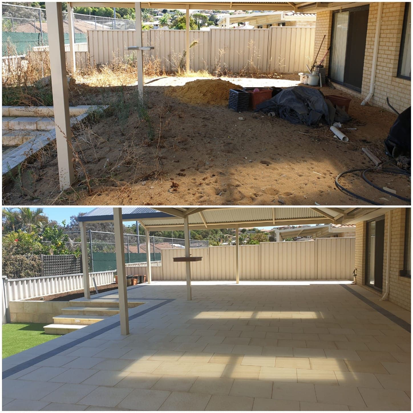Before and after: bare dirt yard transformed with paving and steps