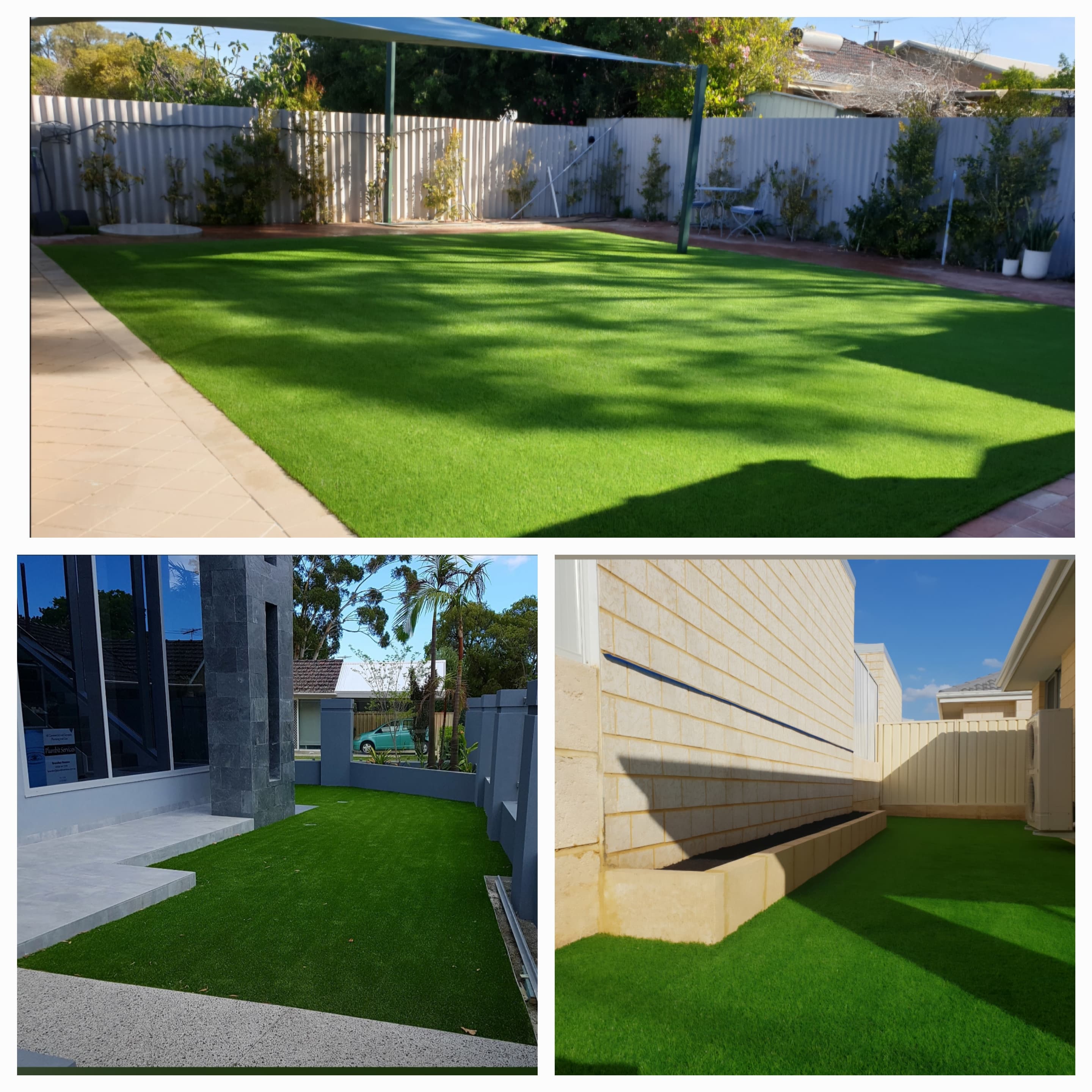 Backyard artificial turf installations, various Perth homes