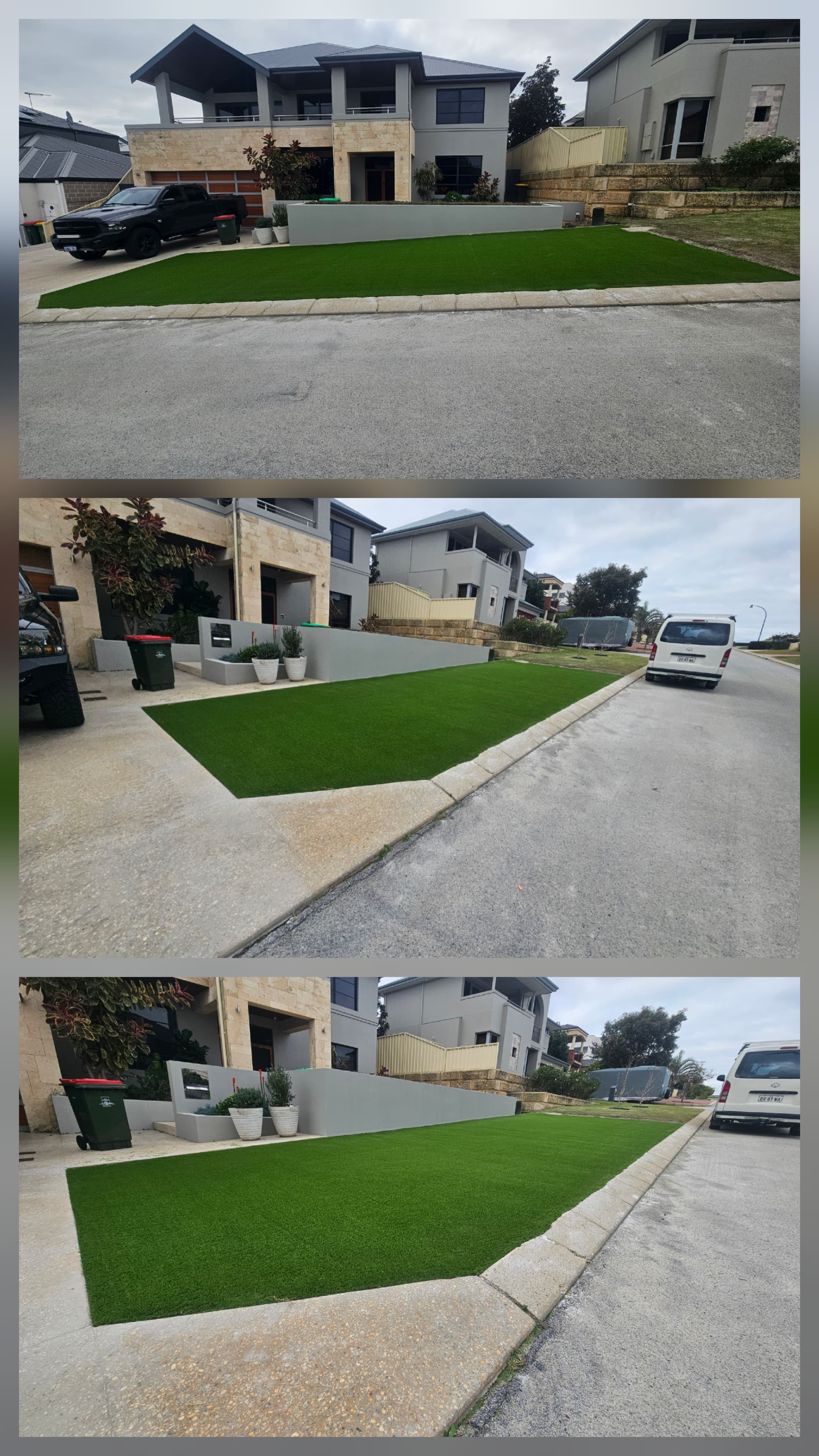 Street-facing turf lawn with feature tree surround