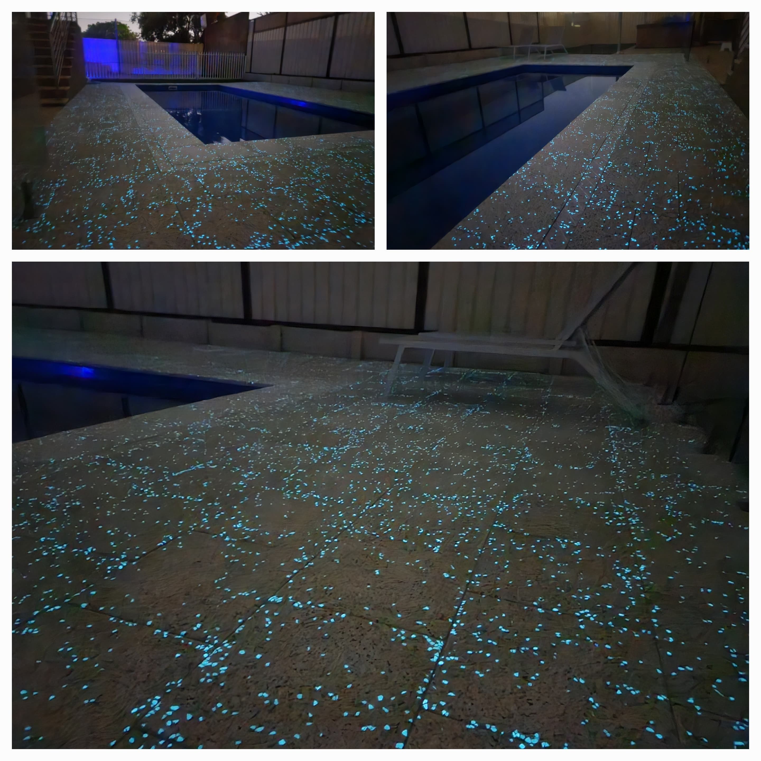 Pool deck paving lit with feature glow lighting at night